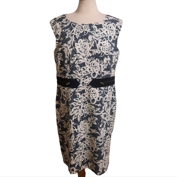 EMMA & MICHELE Sleeveless Zipper Trim Floral Print Shift Dress Sz 16 Blk/Wht - Picture 1 of 8